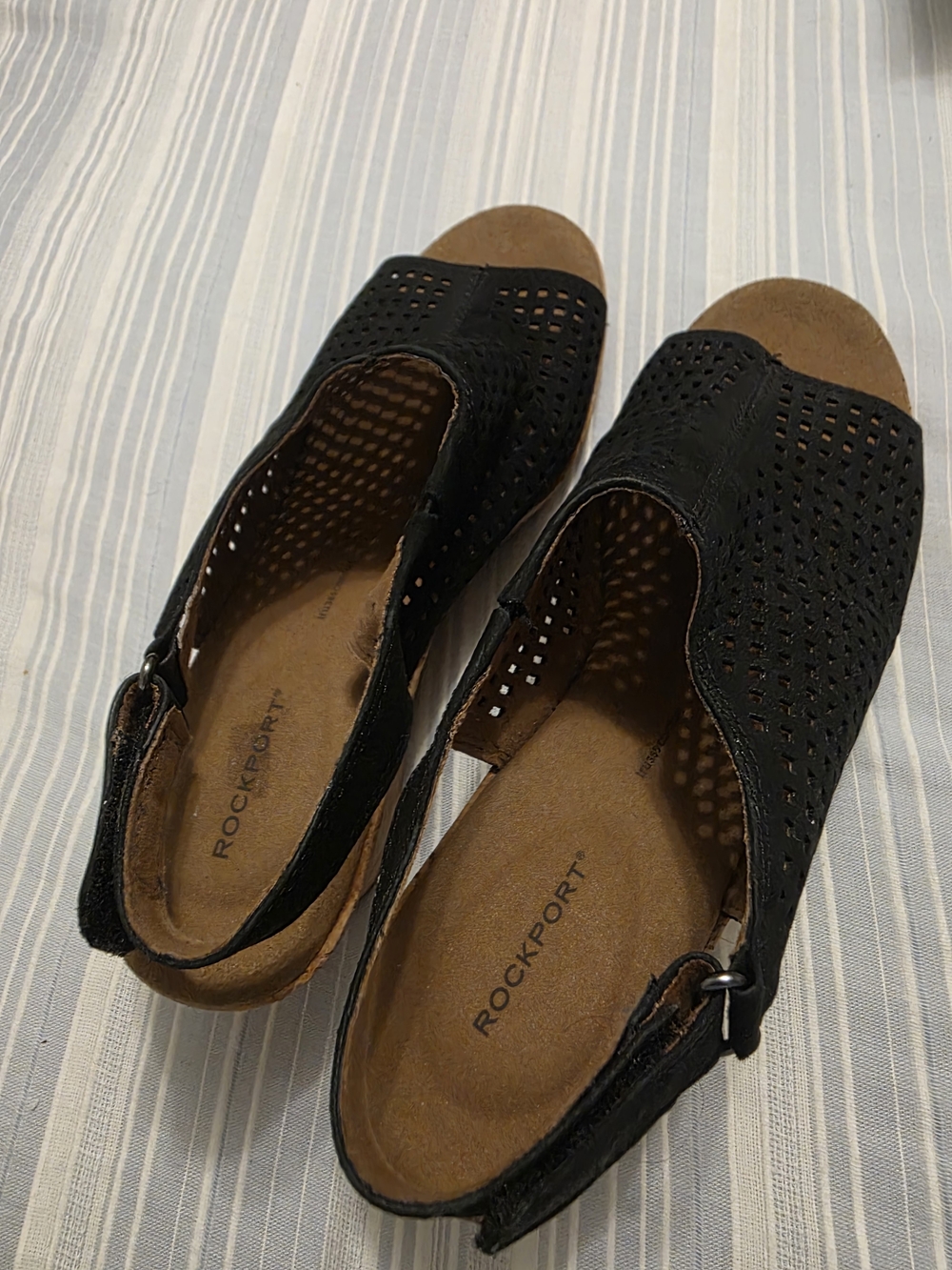 Rockport Black Perforated Slingback Sandals with Brown Footbed